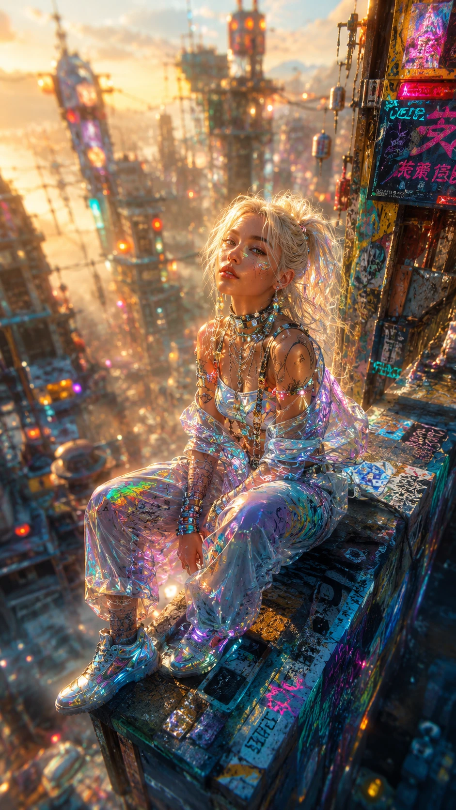 Mujer rubia platino y segura de sí misma en una ciudad futurista resplandeciente