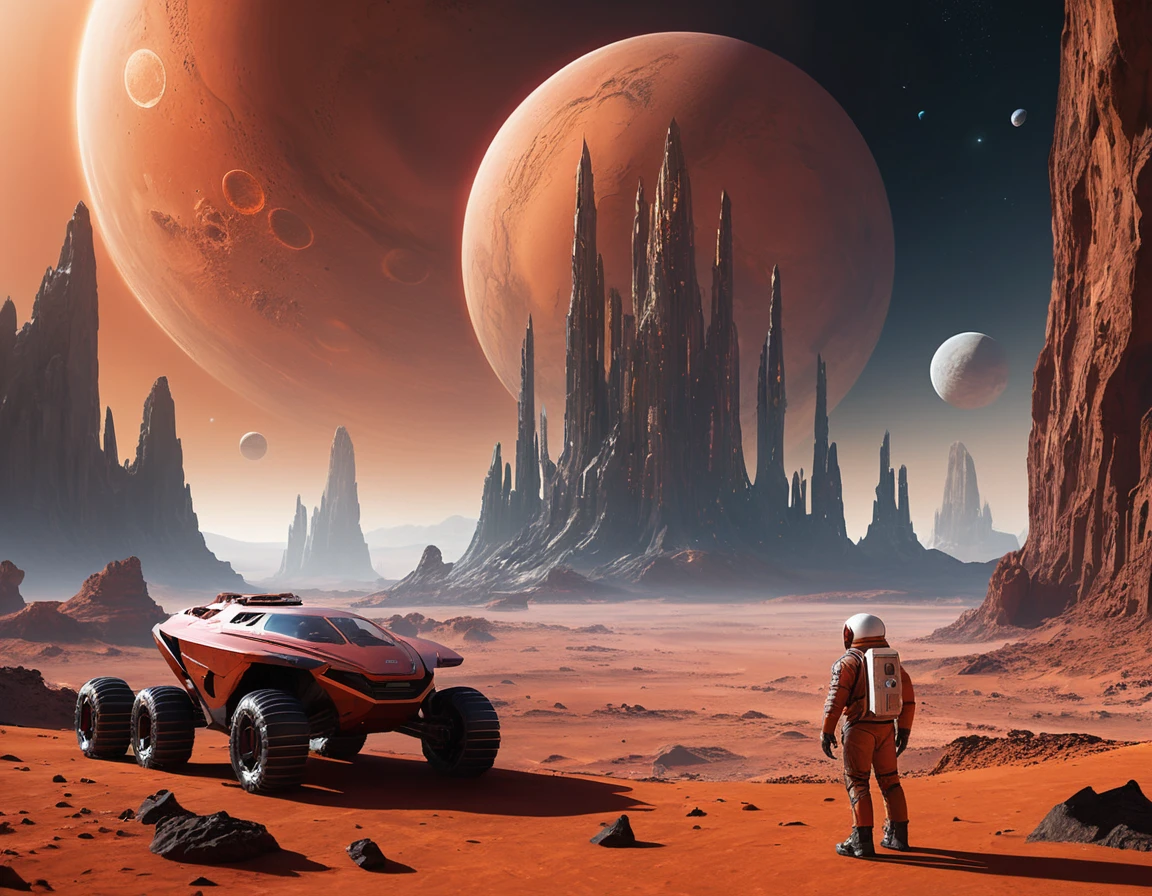 宇宙飛行士が浮遊する山々を見つめる異星の火星風景