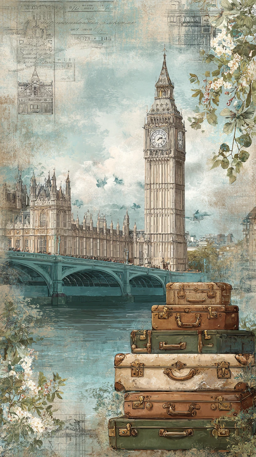 Verspielte Mixed-Media-Ansicht von Big Ben und Flussbrücke