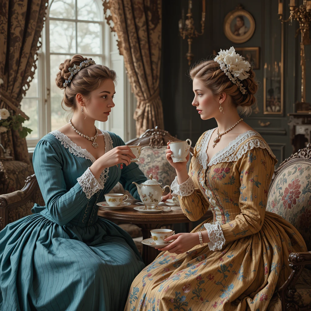 Two women in colorful 1820s dresses sharing tea together