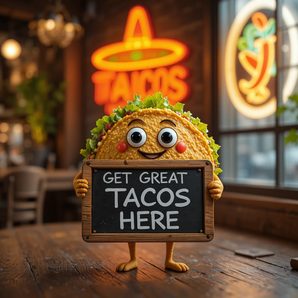 Simpática Mascota de Taco Sosteniendo un Letrero de Pizarra Sobre la Mesa