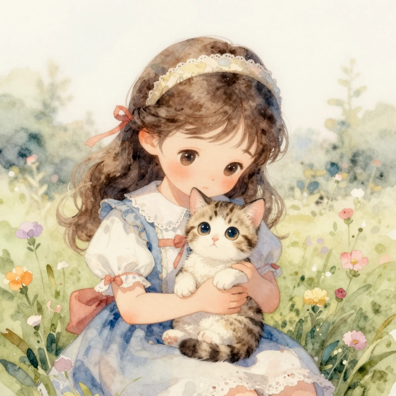 Niña en acuarela sosteniendo un gatito en una escena de ensueño