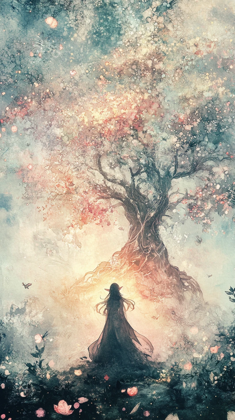 Mujer Elfa Junto a Árbol Luminoso de Acuarela en la Niebla