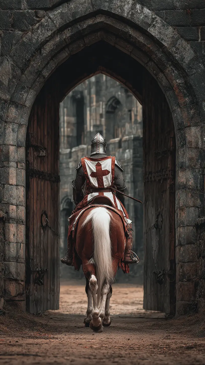 Mittelalterlicher Ritter reitet auf einem Pferd durch ein Burgtor