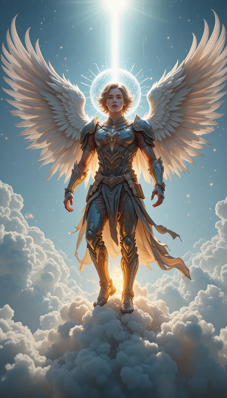 Flaming armored angel standing on a glowing cloud