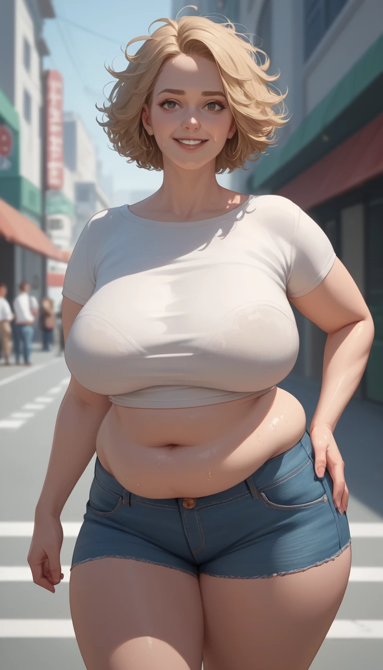 Chica de instituto estilo anime posando con confianza en una concurrida calle de la ciudad
