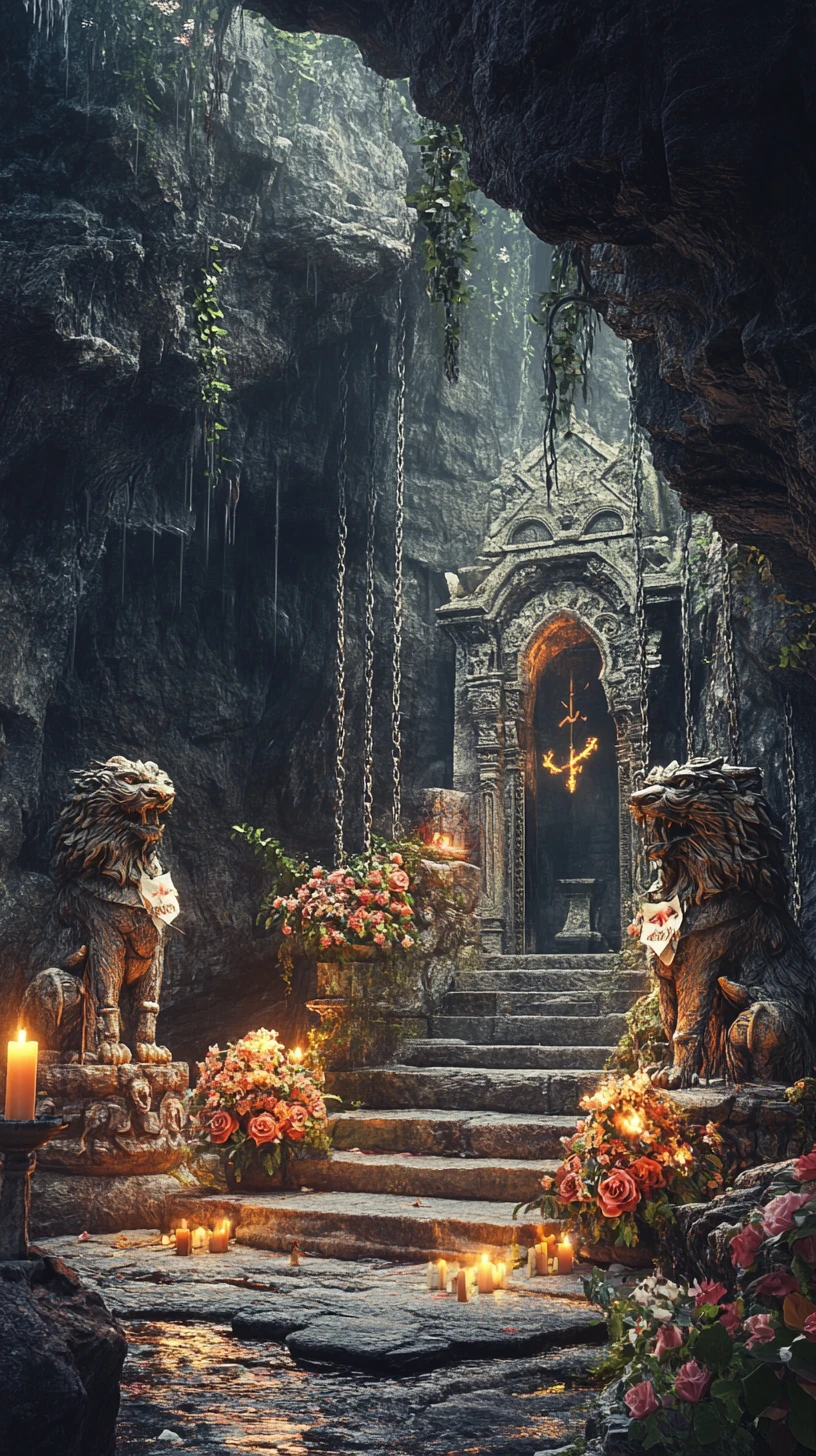 Ingresso di caverna incatenato con statue di drago e tigre