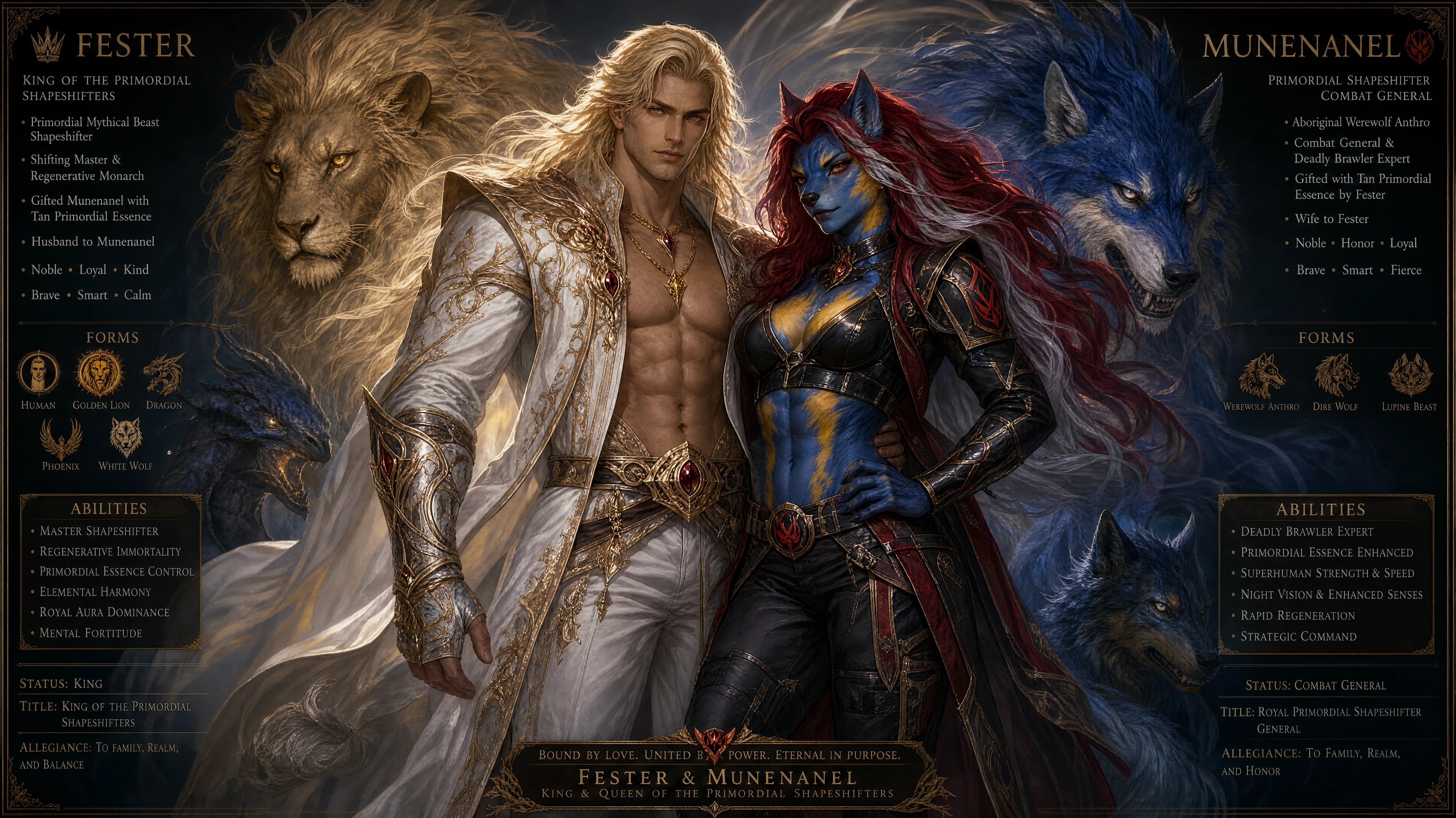 Noble rey primordial cambiaformas con cabello dorado y armadura