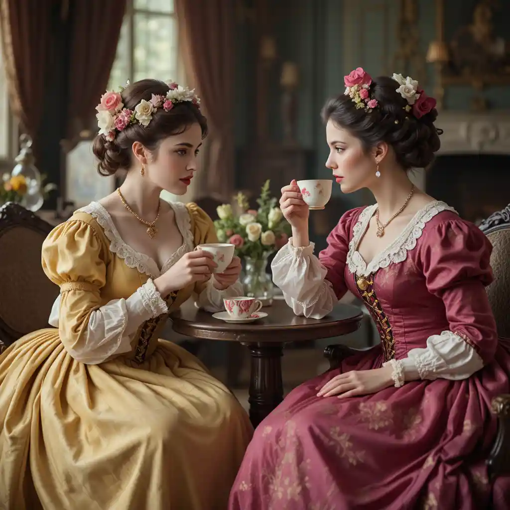Duas mulheres inglesas em vestidos coloridos de 1820 tomando chá