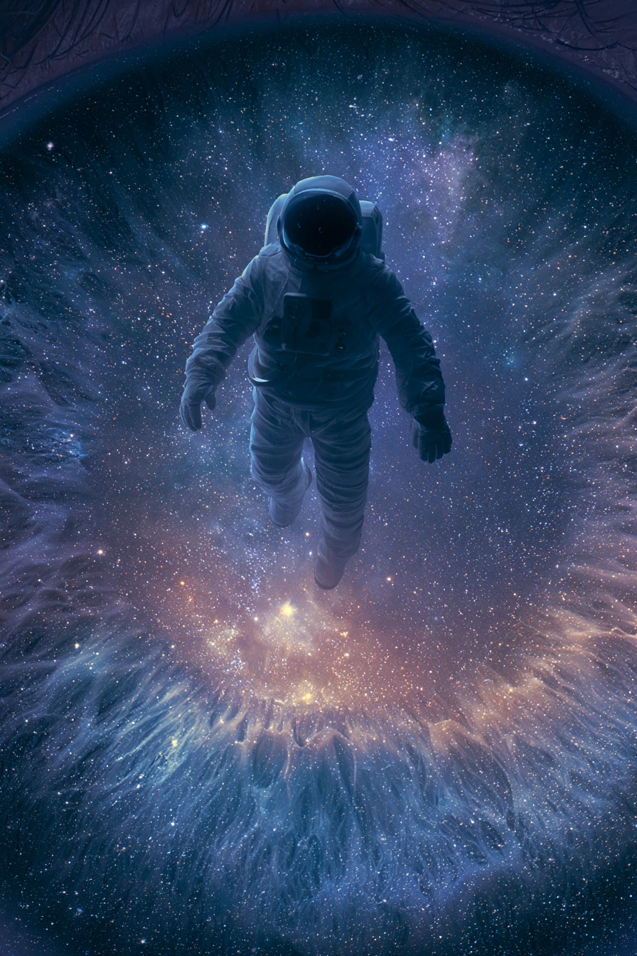 Astronauta flotando desde un ojo humano hacia el espacio profundo