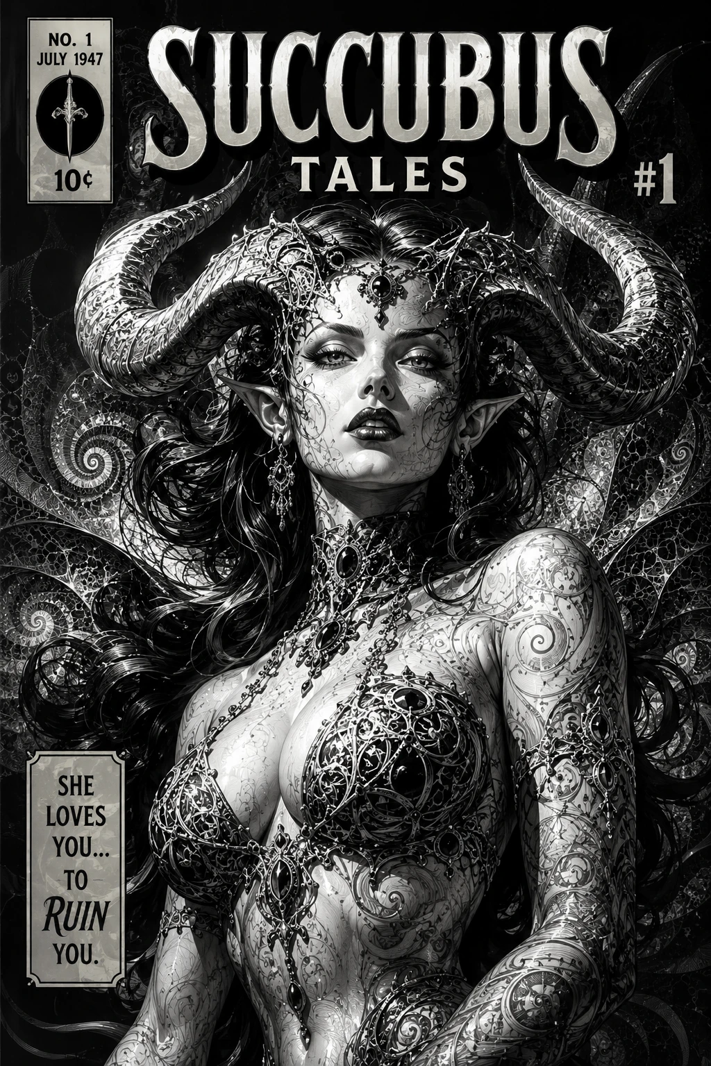 Succubus comic cover with horned woman in dramatic light