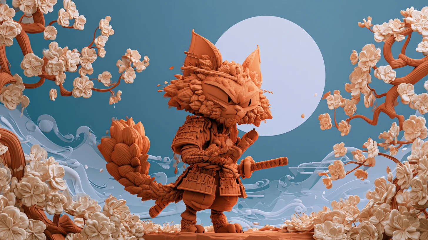 Fierce Orange Samurai Cat Under A Glowing Full Moon
