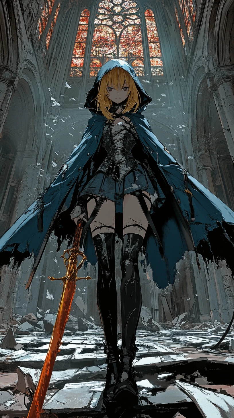 Ominous anime girl in blue hooded coat with golden eyes