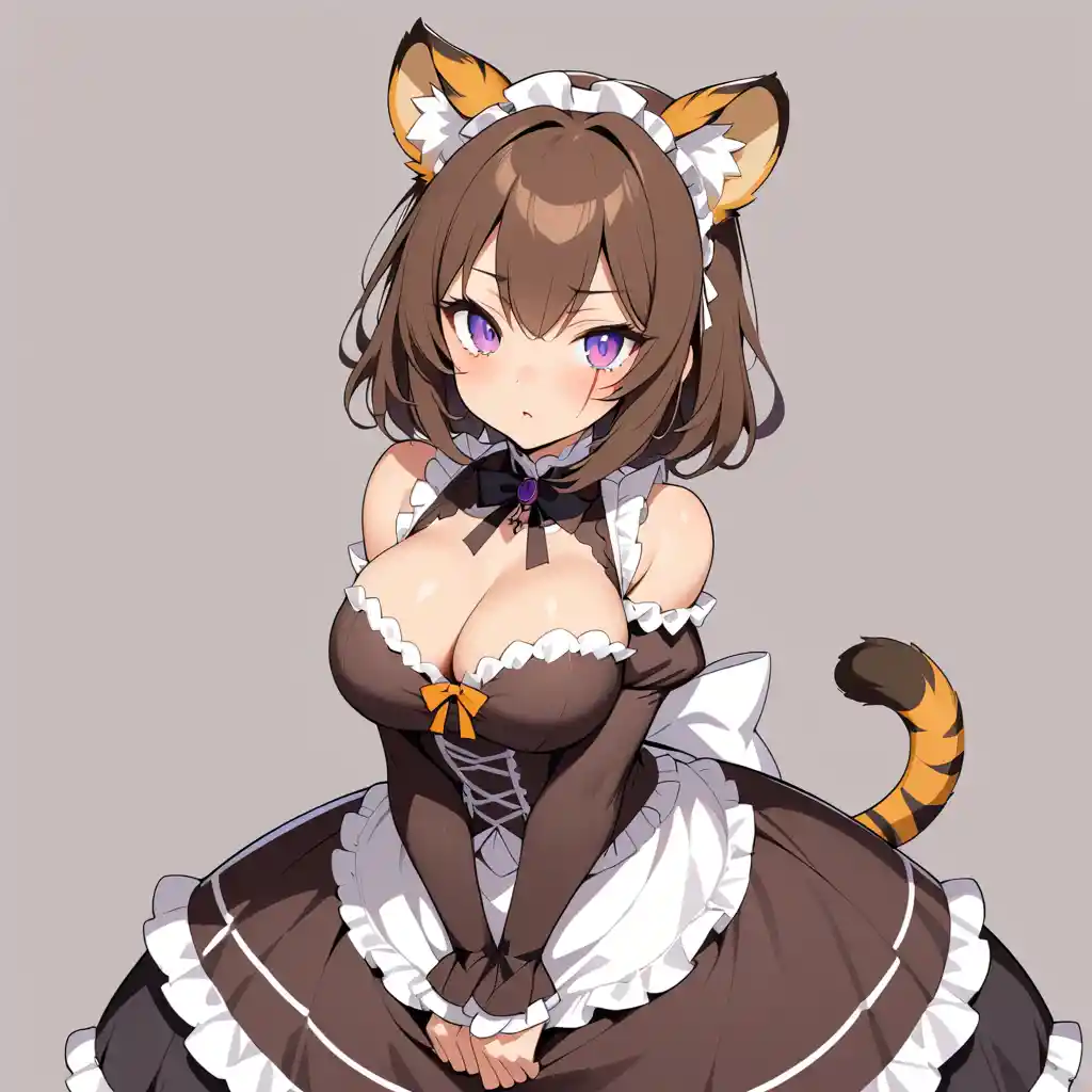 Anime tiger eared woman in curvy gothic lolita fashion