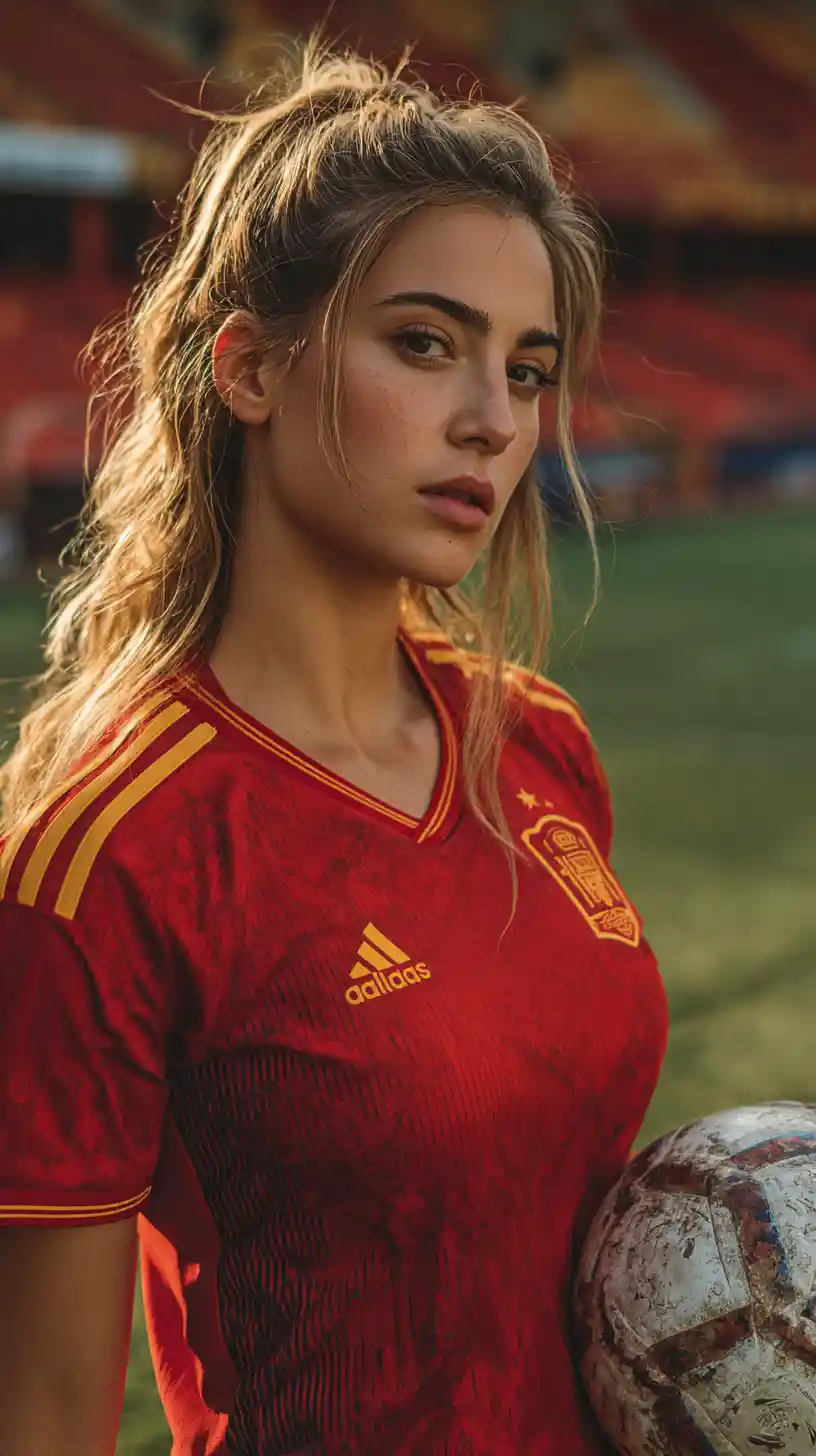 Jugadora de la selección española sosteniendo un balón en el estadio