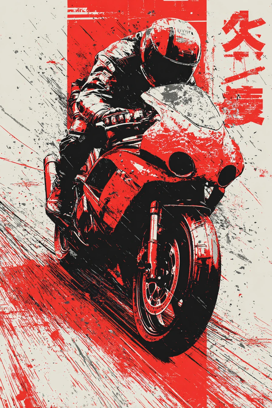 Motociclista dinámico en rojo y negro con estilo urbano japonés