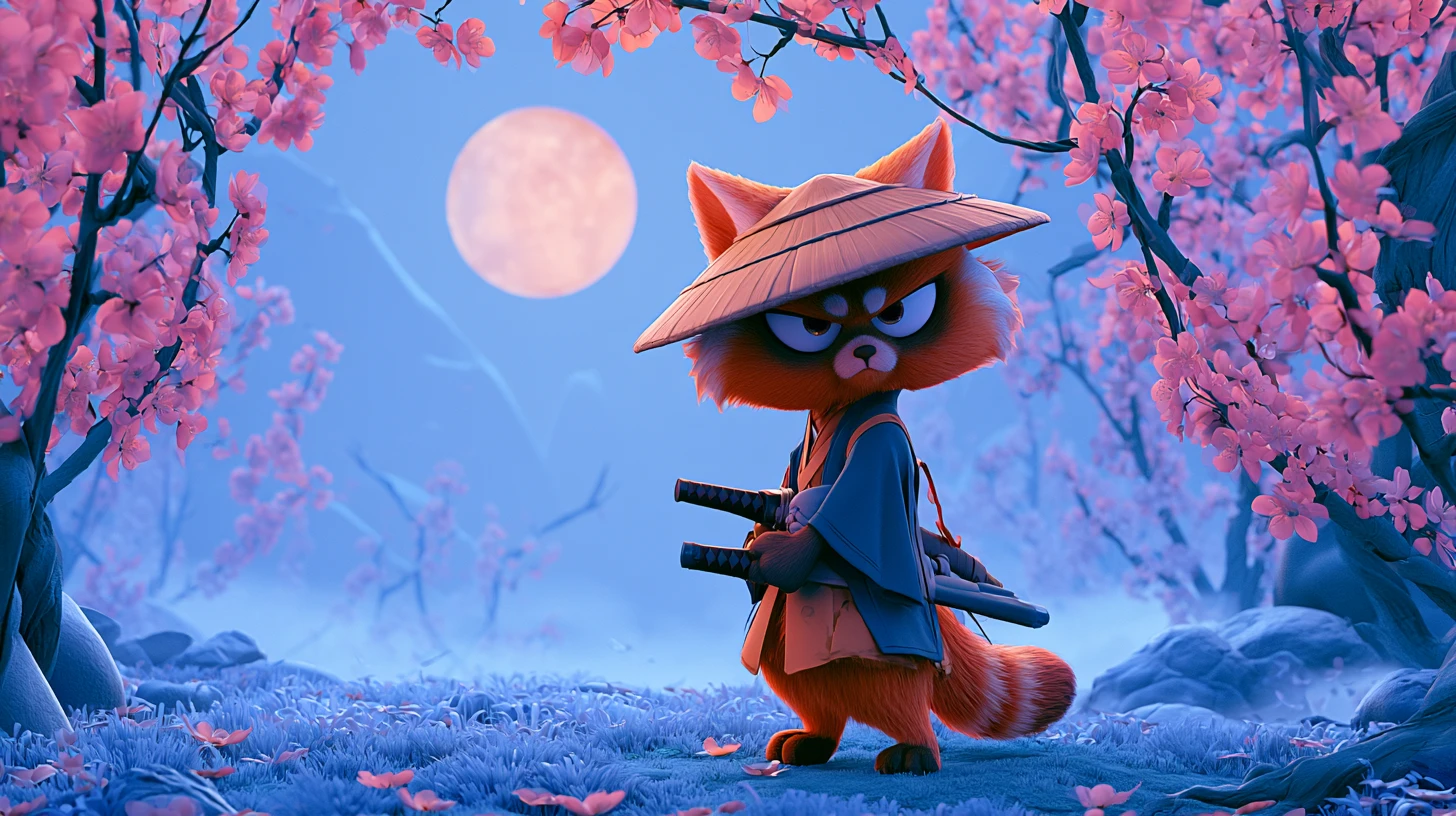 Fierce Samurai Cat Under A Dreamy Japanese Moon