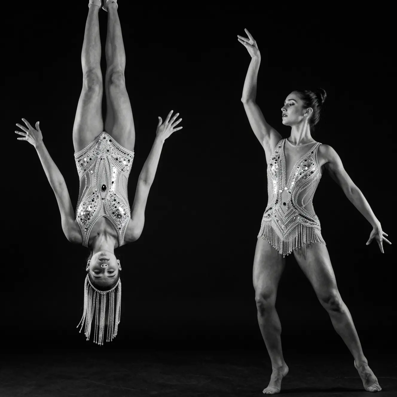 Retrato de moda duplo de duas mulheres em bodies com lantejoulas