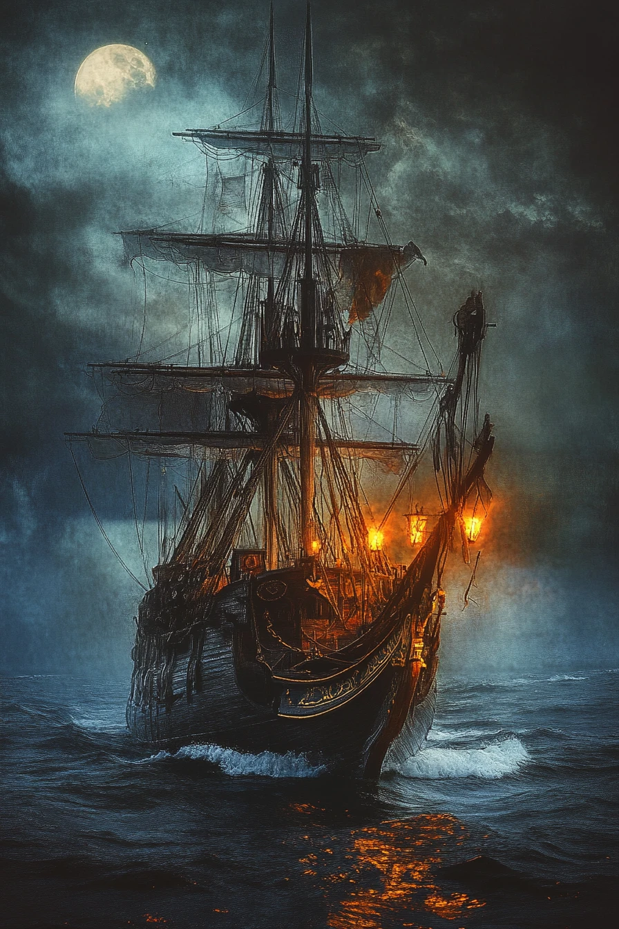 Surreal ghostly pirate ship in a stormy moonlit sea