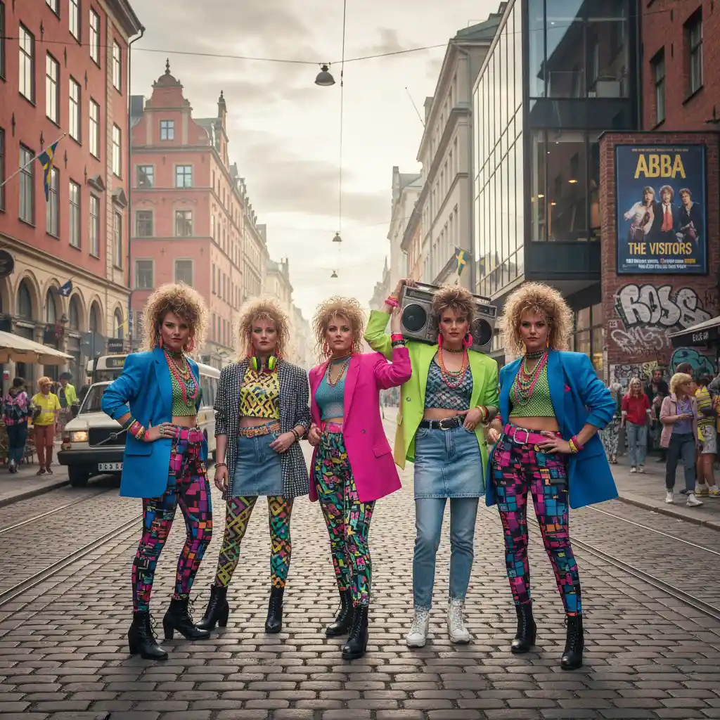 スウェーデンの街角に立つ1980年代ファッションの若い女性たち