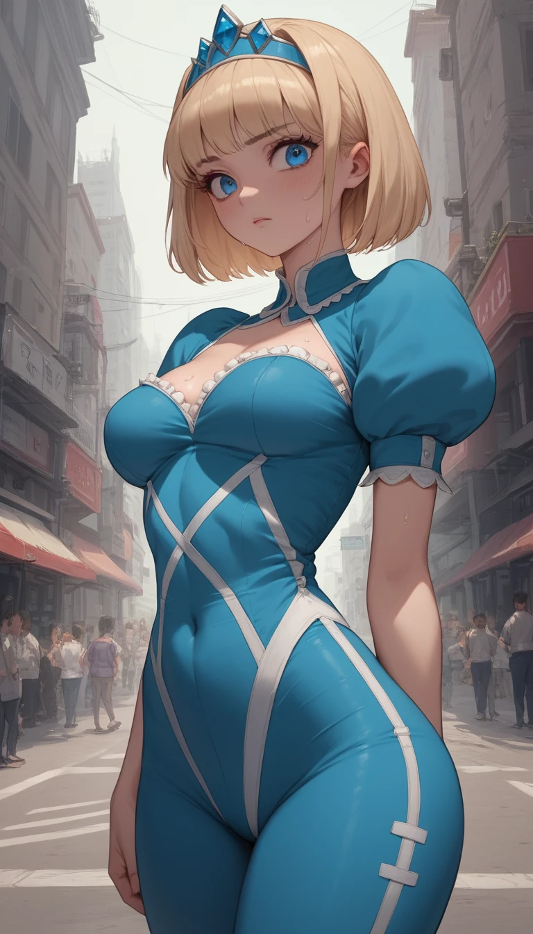 Mujer rubia de anime con traje, segura de sí misma en la calle de la ciudad
