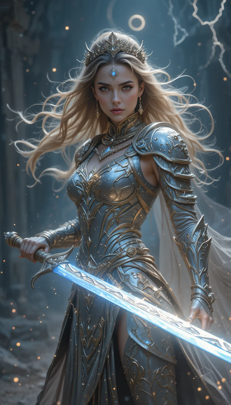 Fantasy warrior woman with glowing enchanted sword