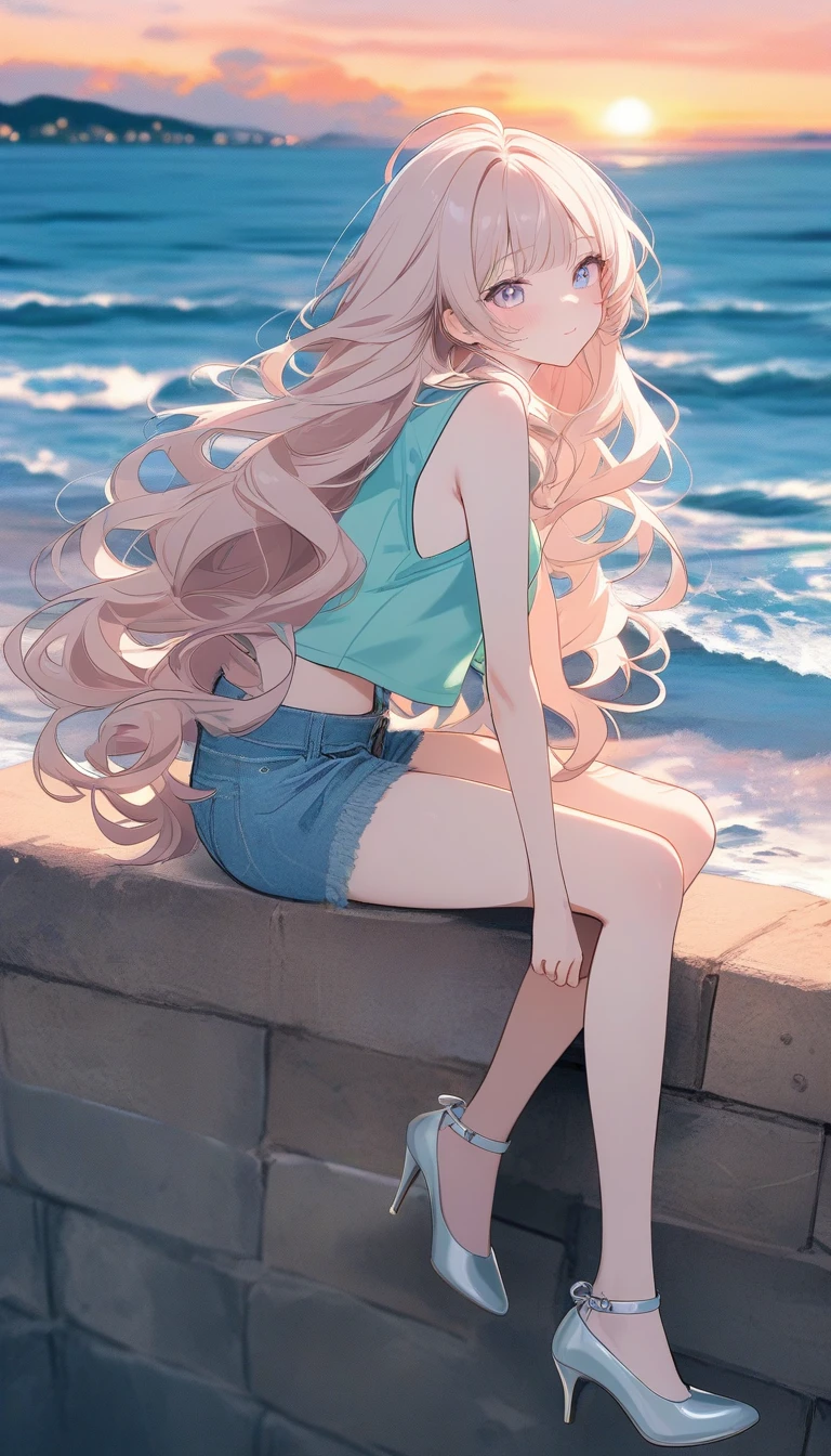 Joven con cabello rosa frente al atardecer junto al mar