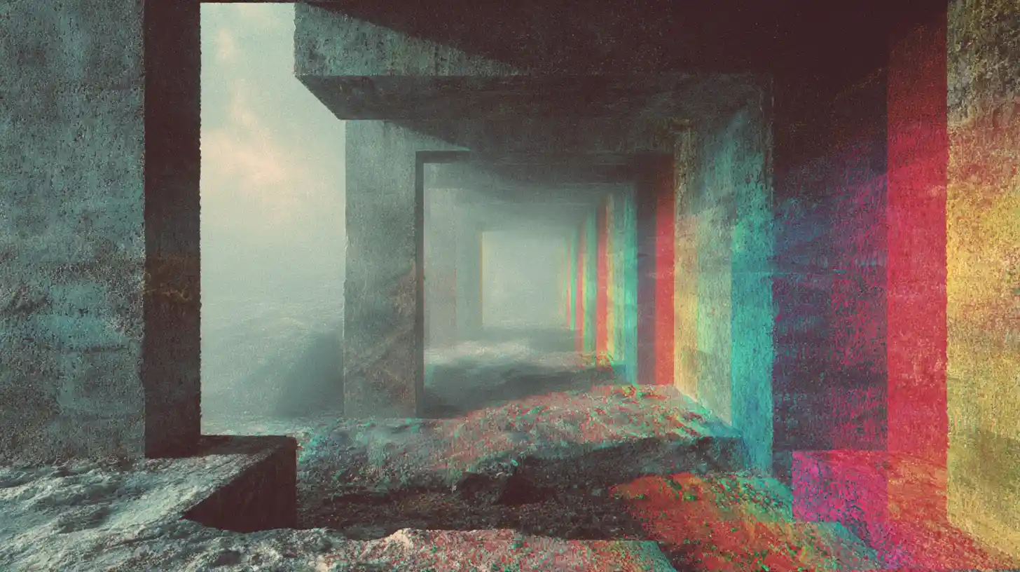 Surreal optical illusion in foggy minimalist cinematic style