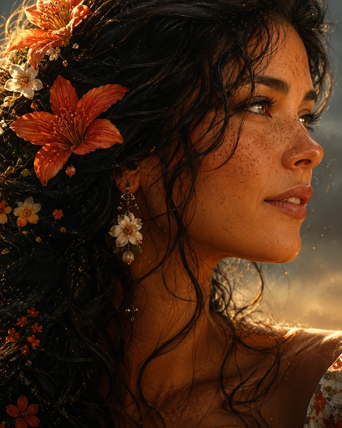 Retrato surreal en primer plano de una mujer morena floral