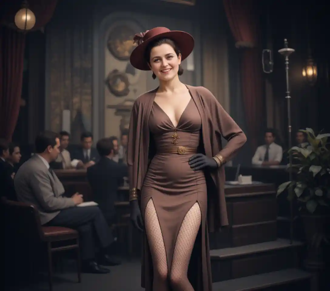 Cantora glamourosa posando com traje vintage de boate dos anos 1940
