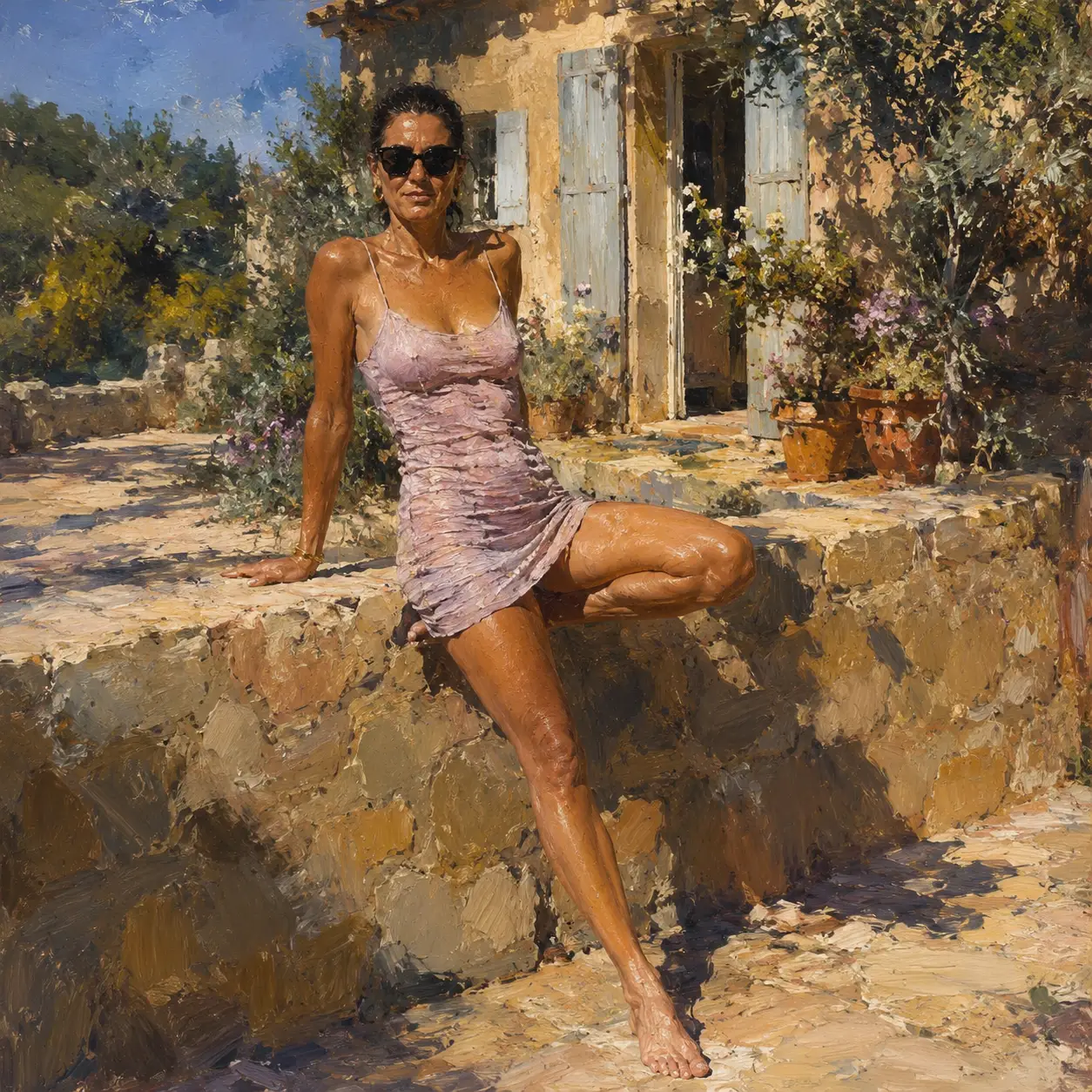 Elegante donna bruna in minidress accanto a un muro di pietra illuminato dal sole