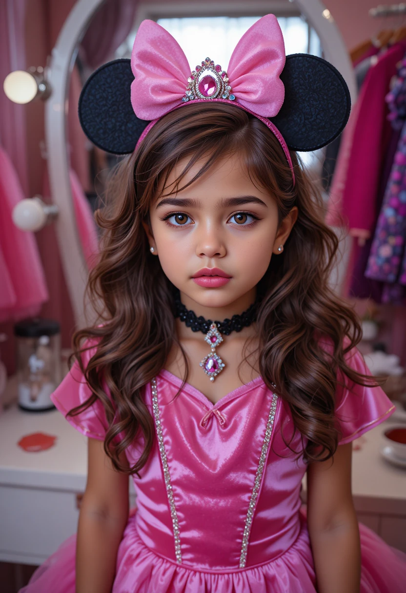 Niña nerviosa con maquillaje de princesa inspirado en Minnie en primer plano