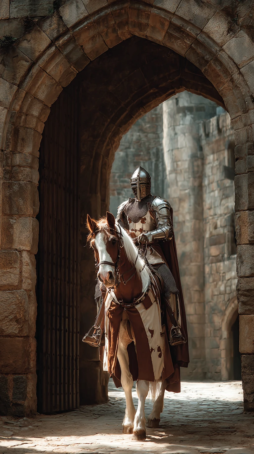 Chevalier médiéval à cheval franchissant la porte d’un château