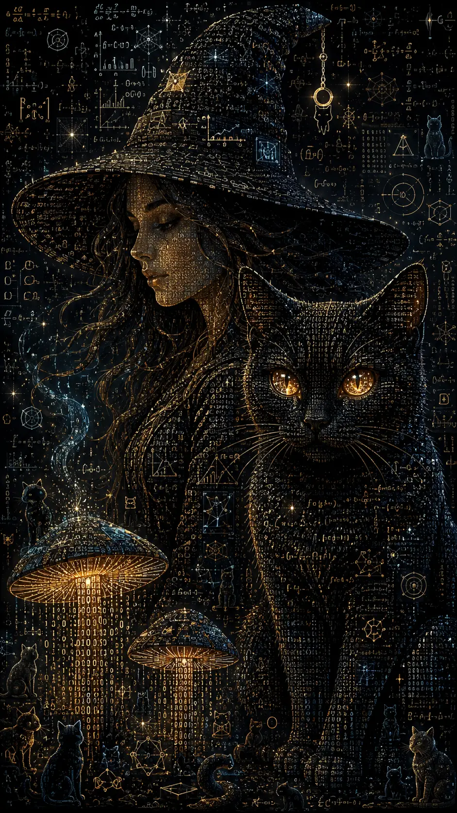 Chat noir aux yeux lumineux aux côtés d’une sorcière envoûtante