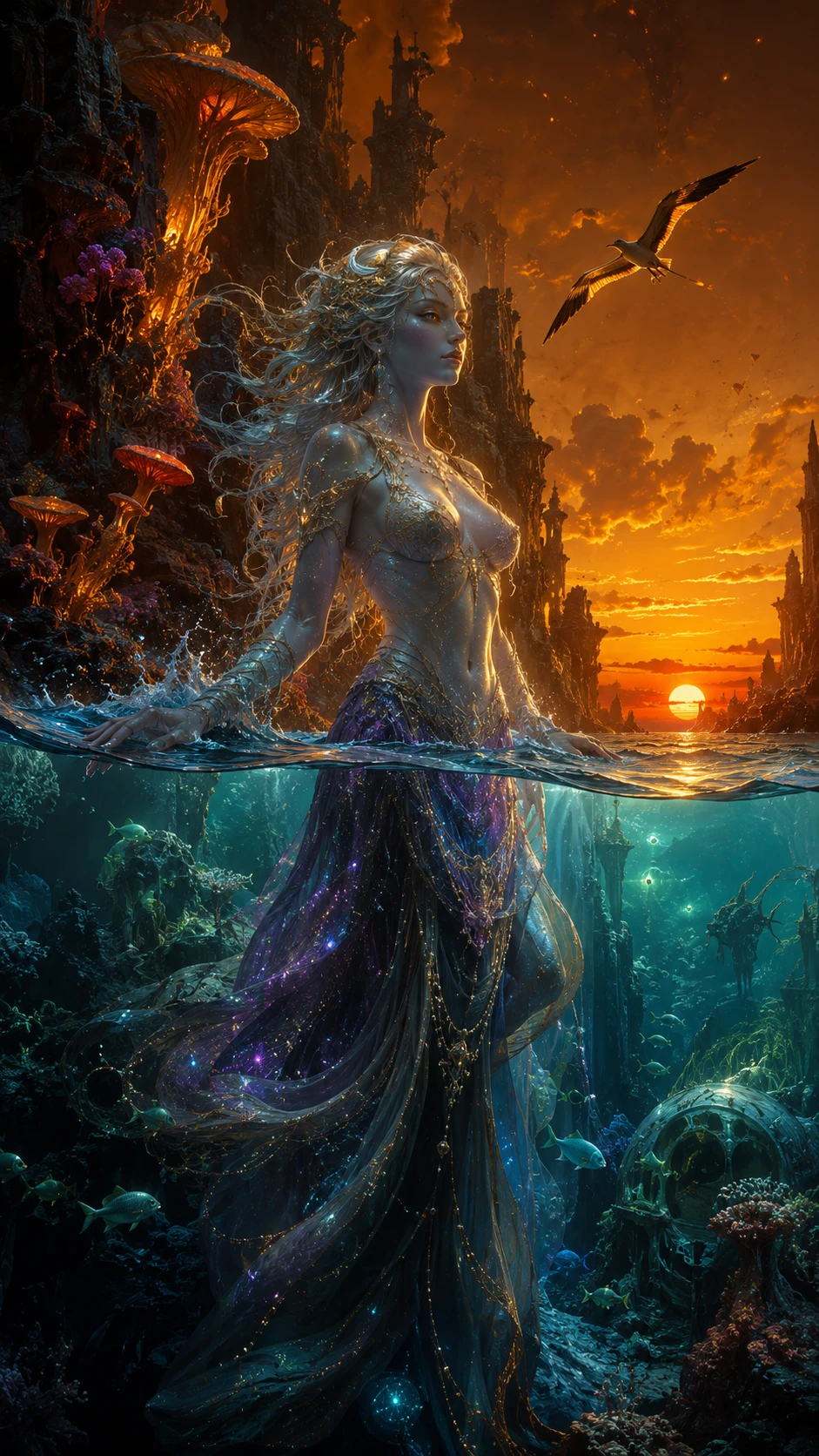 Diosa cósmica del mar elevándose de las olas del océano al crepúsculo