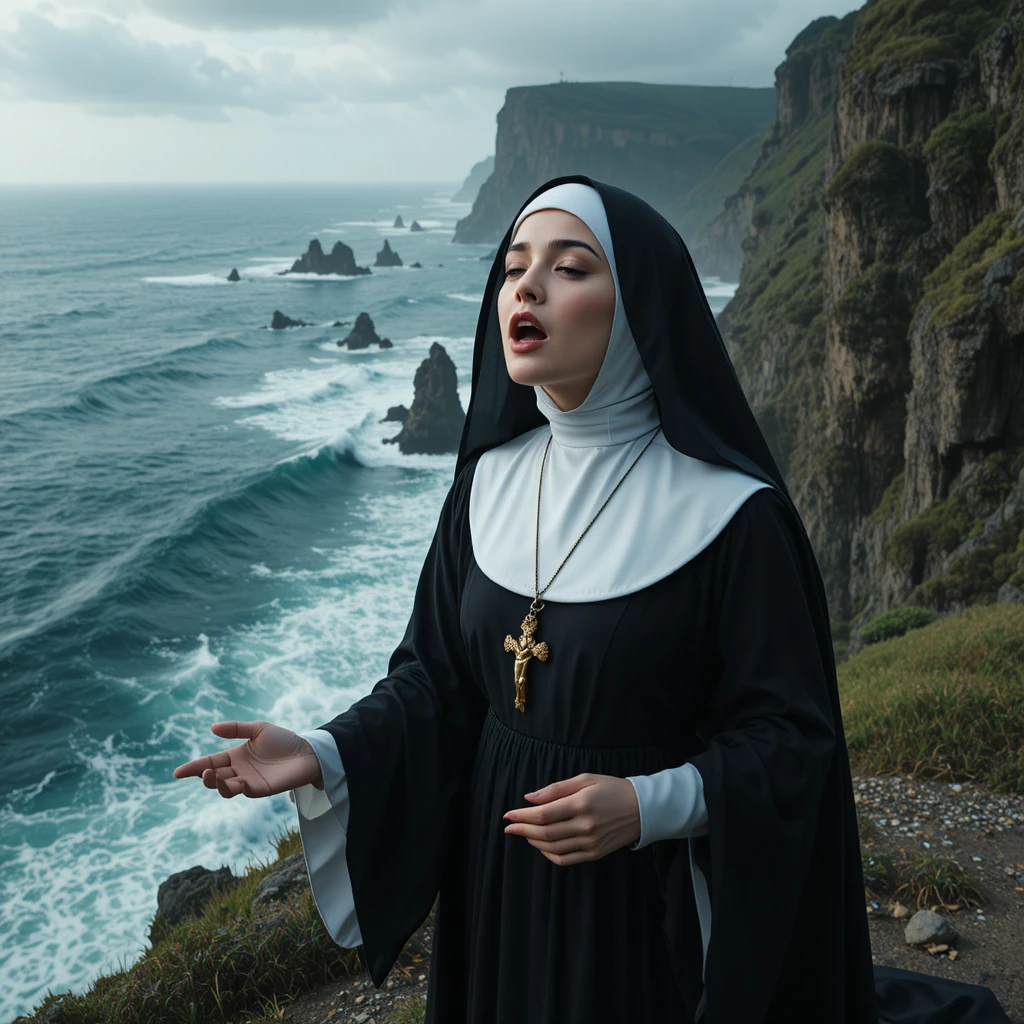 Traditional nun singing on a cliff above a raging ocean