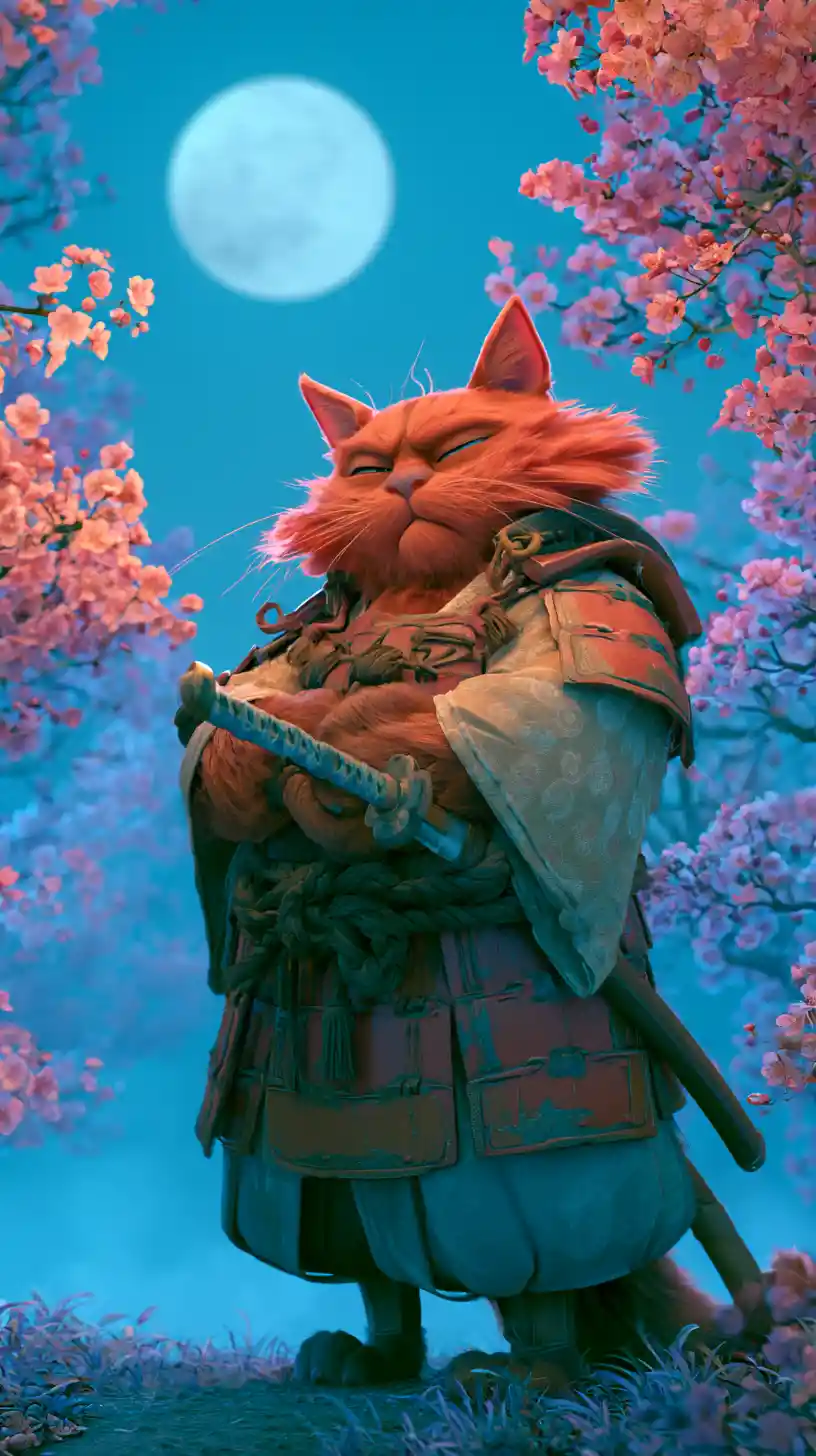 Feroz gato samurái naranja bajo un cielo nocturno de ensueño