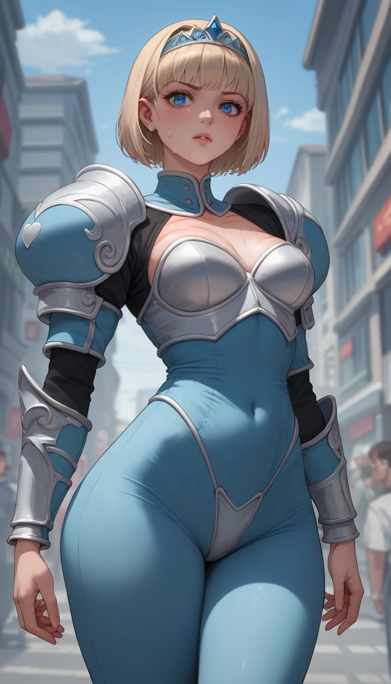Confident blonde anime woman in a crowded city