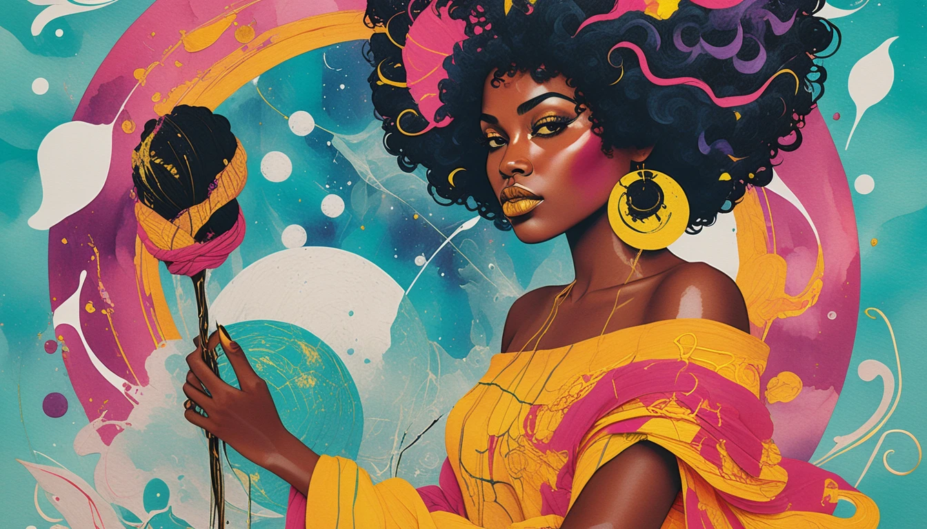 Retrato surreal de una mujer negra tejiendo un tapiz cósmico