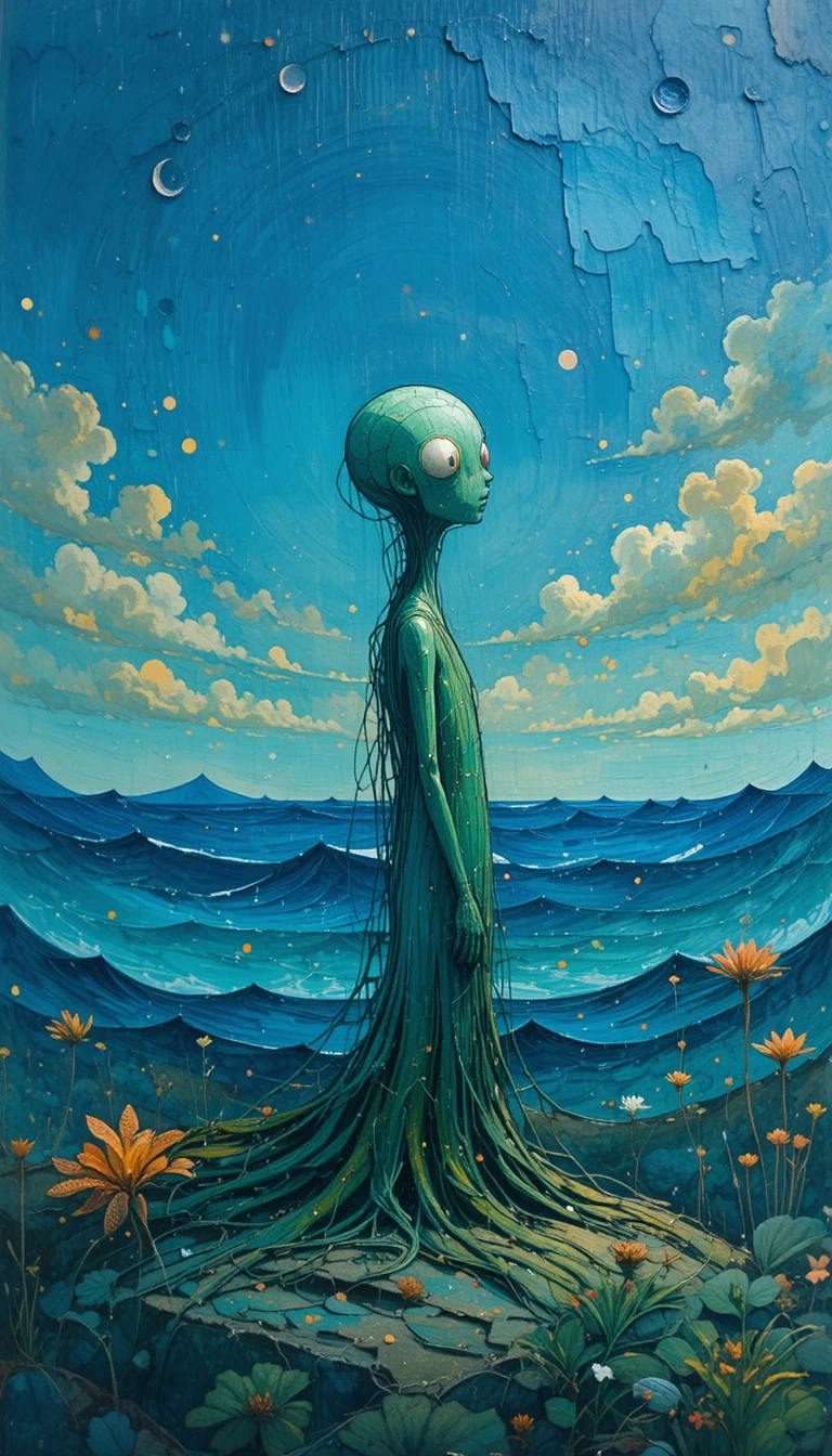 Green silhouette facing a blazing horizon over blue ocean