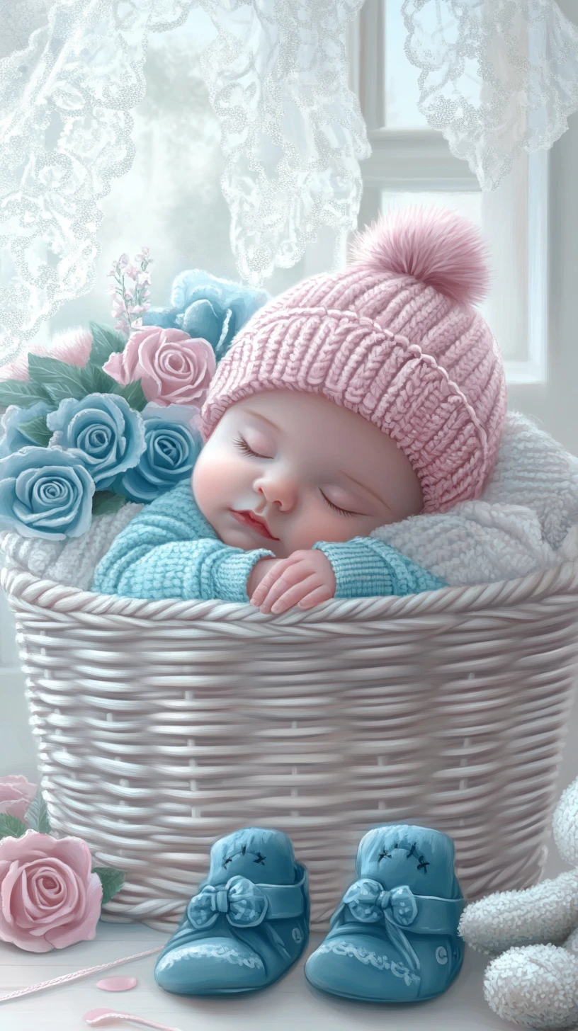 Newborn sleeping in a wicker basket with roses and toys