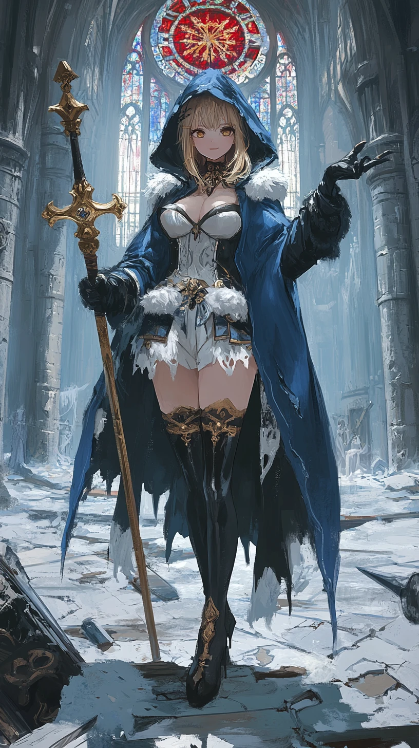 Chica de anime con abrigo azul con capucha y ominosos ojos dorados