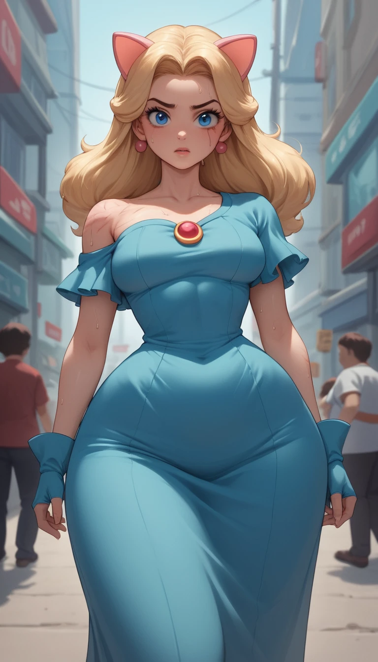 Chica de anime segura de sí misma con traje en una concurrida calle de la ciudad