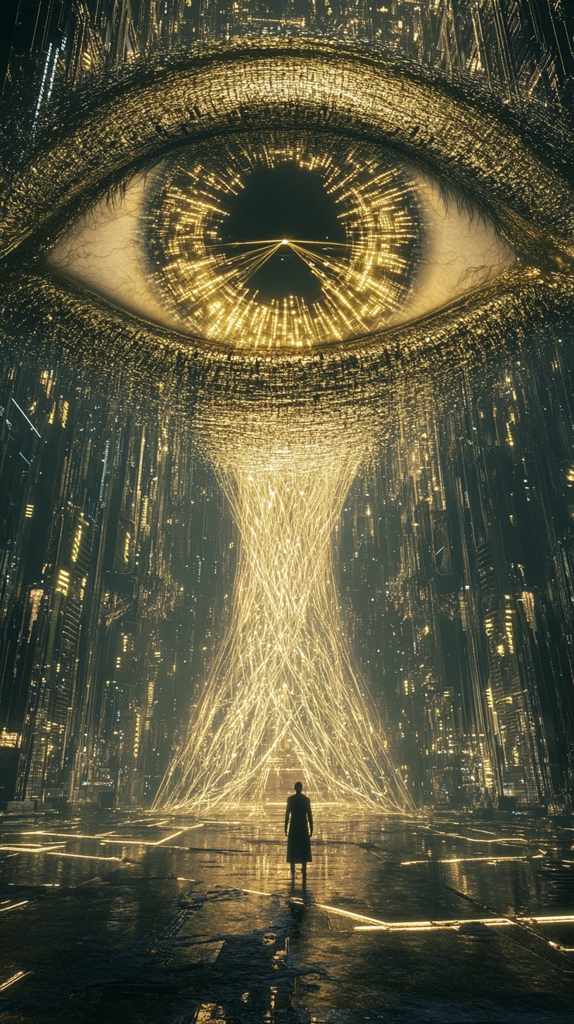 Ojo arquitectónico que se cierne sobre una figura solitaria en dorado