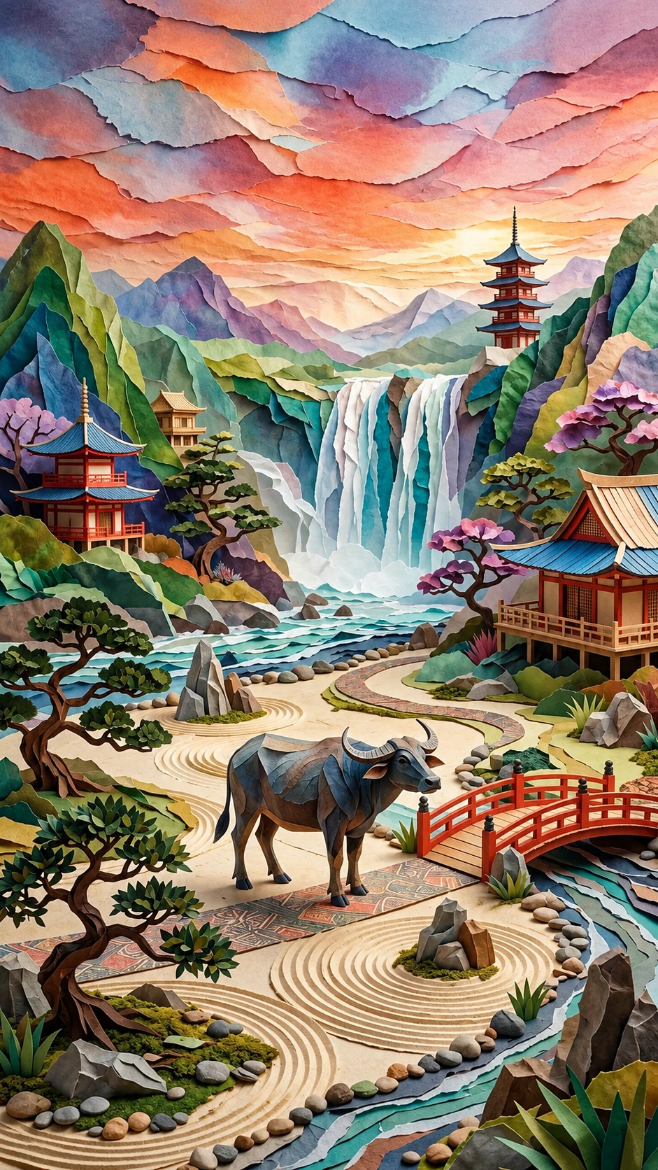 超現実的な禅庭にたたずむ紙の水牛