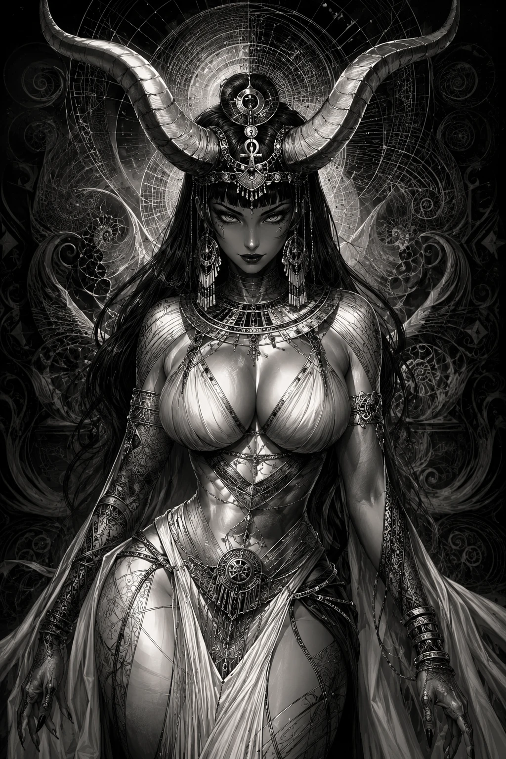 Horned Egyptian goddess in dramatic fantasy illustration