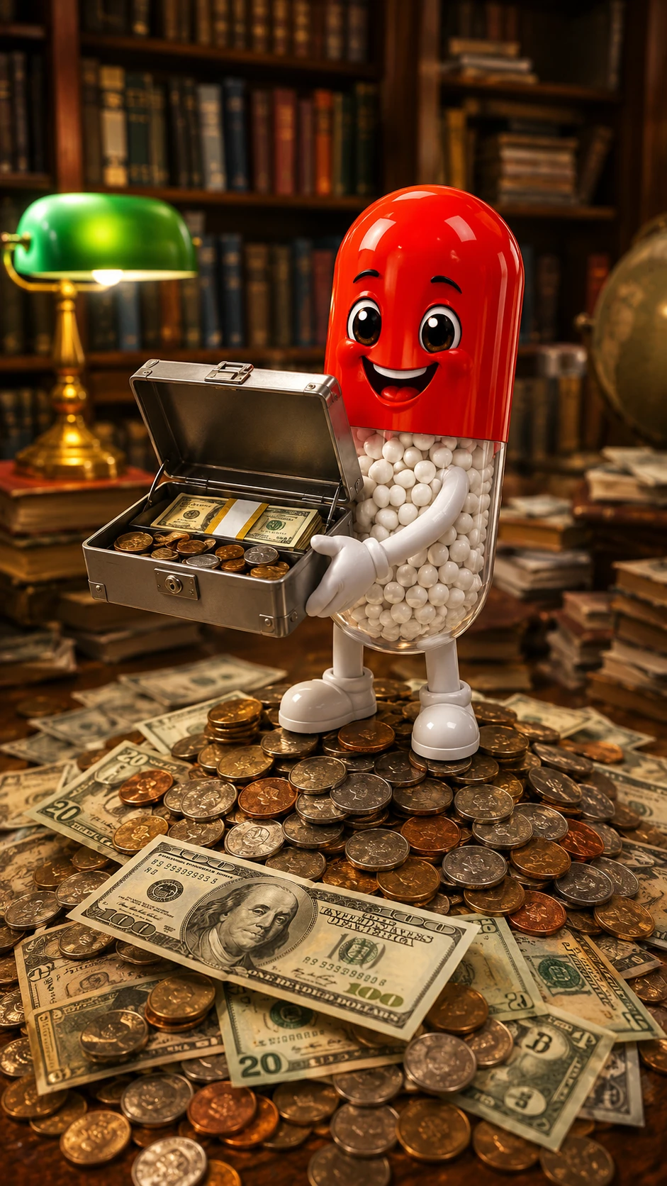 Cápsula de medicina sonriente sobre dinero con fondo de biblioteca