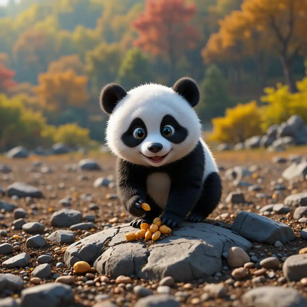 Panda fofo encontra uma pequena semente de manga em solo rochoso