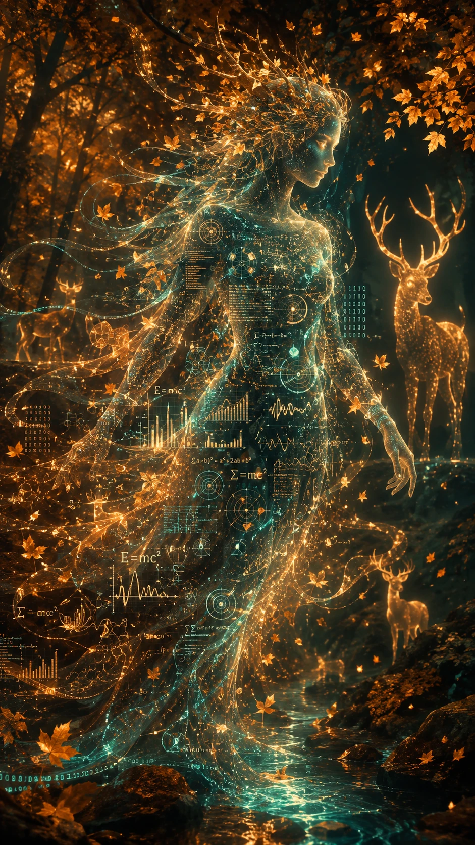 Ethereal woodland spirit walking through a golden forest