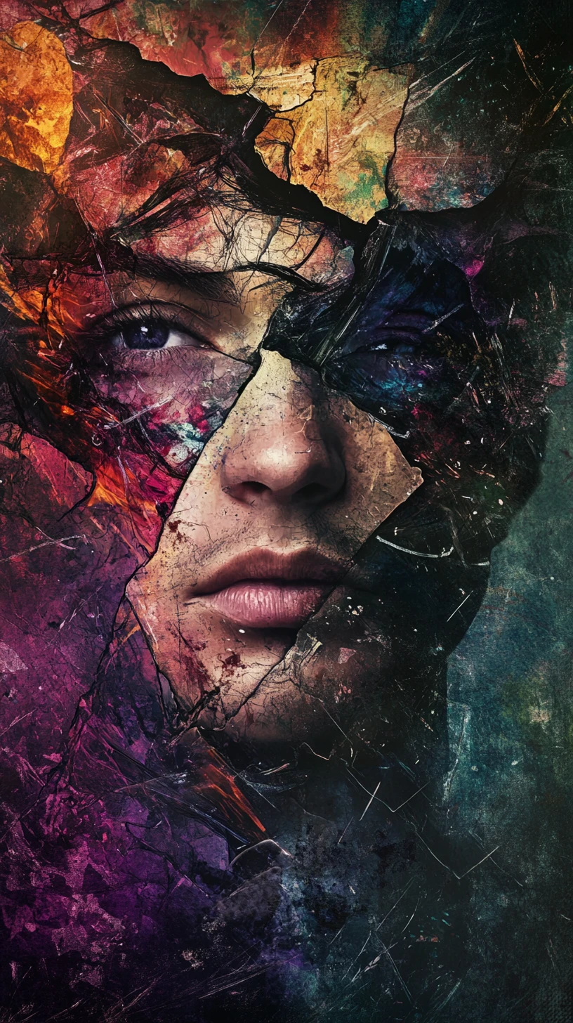 Abstract fragmented portrait in surreal jewel toned light